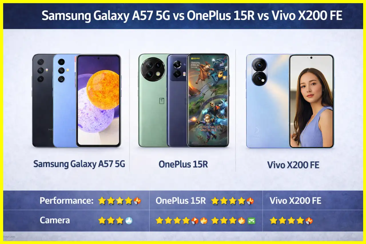 Galaxy A57 5G vs OnePlus 15R vs Vivo X200 FE
