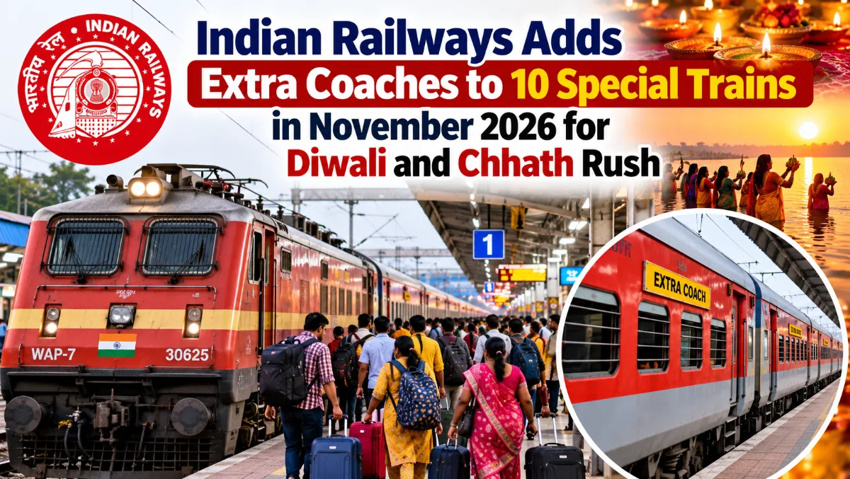 Indian Railways Adds Extra Coaches to 10 Special Trains in November 2026 for Diwali and Chhath Rush
